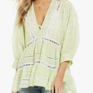 Free People Time Out Lace Tunic Womens Mint/White Plaid Tiered Boho Oversized XS